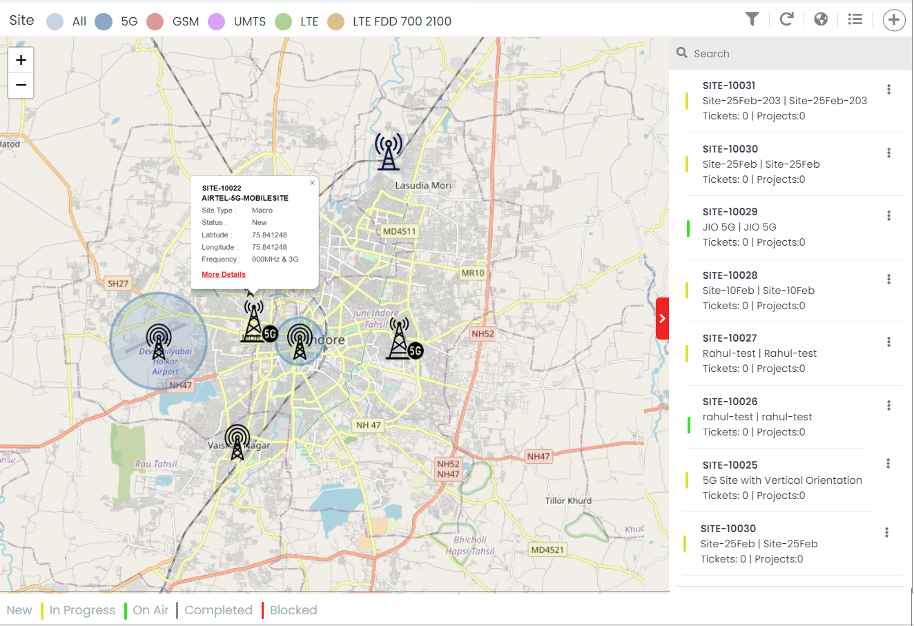 Map-based interface of Neo RollOut showing tower management with details on new and existing sites, including 5G, GSM, UMTS, LTE, and LTE FDD 700 2100 networks.